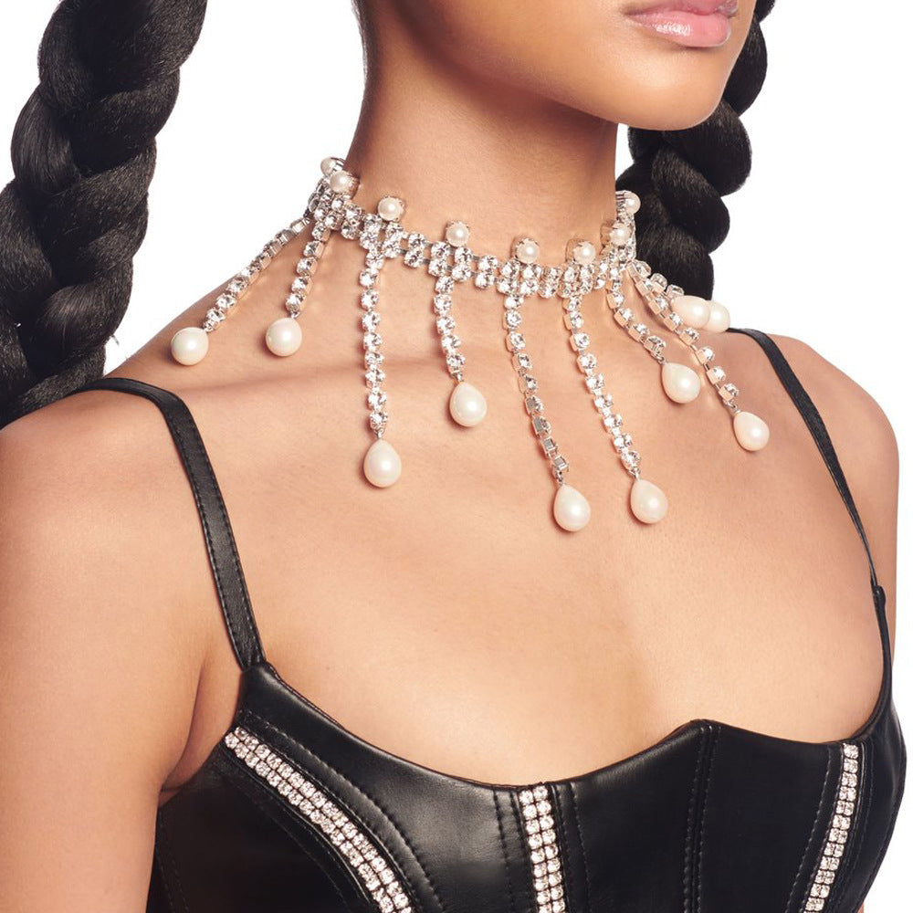 Exaggerated multi-layered tassel necklace, luxury cold style diamond-filled pearl clavicle chain - SHINNE