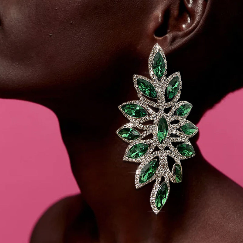 Hot selling rhinestone fashion luxury leaf emerald exaggerated earrings - SHINNE