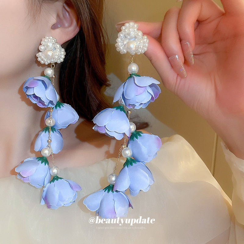 Pearl Fabric Flower Tassel Earrings, Fairy Long Earrings Resort Style Earrings for Women - SHINNE