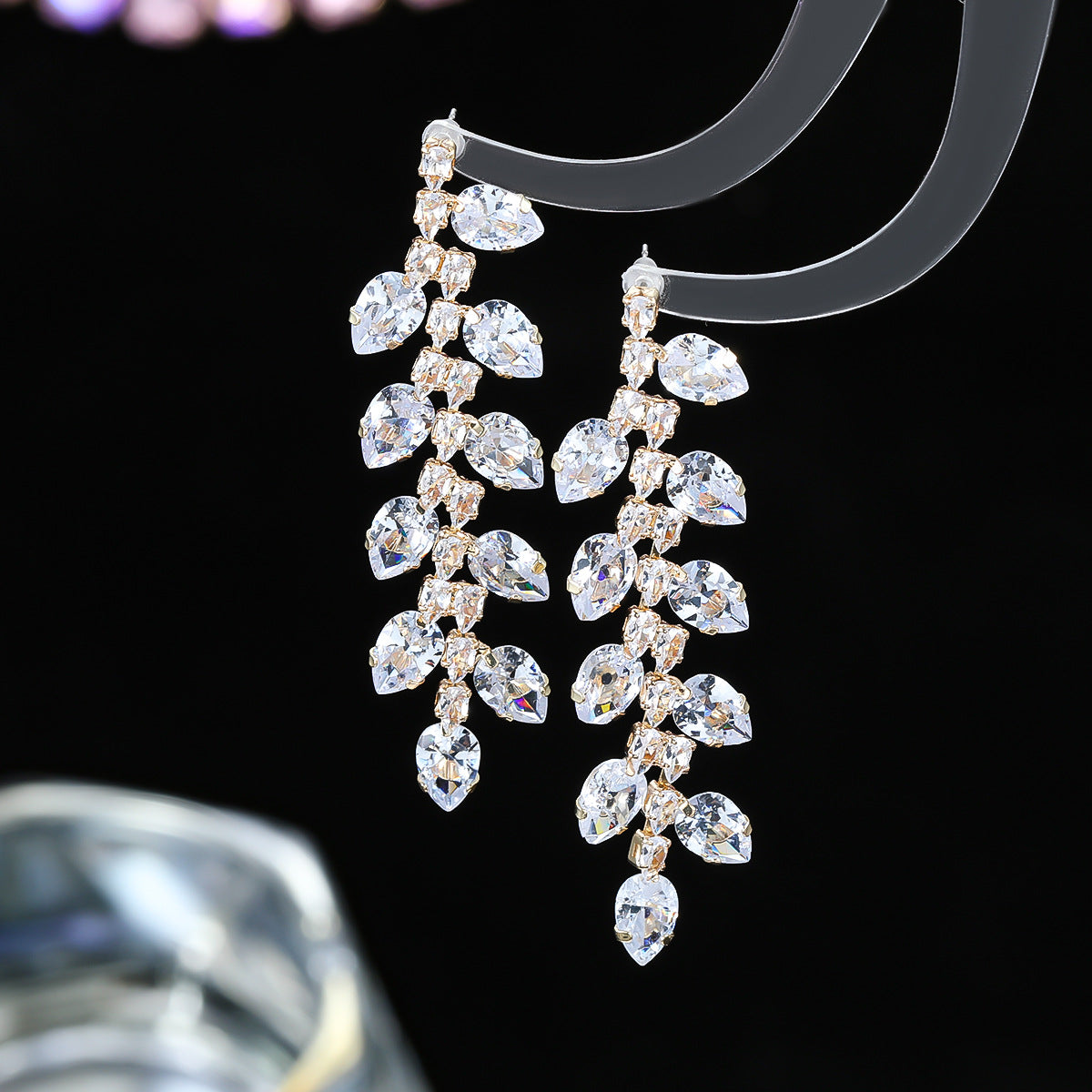 Copper inlaid zircon earrings long floral earrings exaggerated claw chain bridal earrings - SHINNE