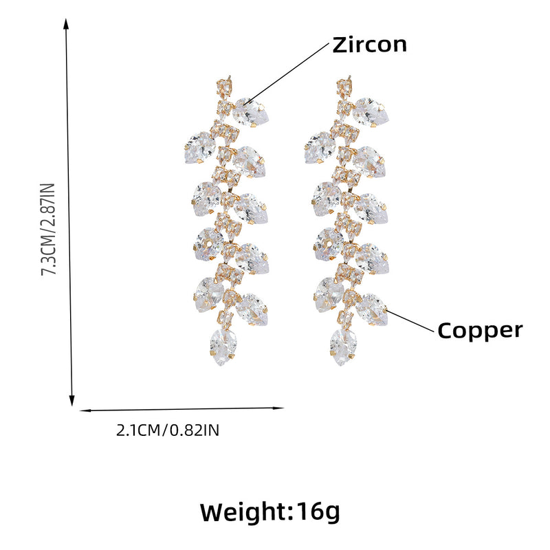 Copper inlaid zircon earrings long floral earrings exaggerated claw chain bridal earrings - SHINNE