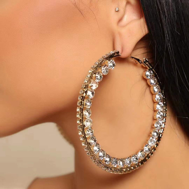 diamond-set rhinestone round earrings women's fashion earrings party - SHINNE
