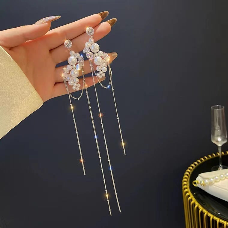 Light luxury, high-end, super long pearl tassel earrings - SHINNE