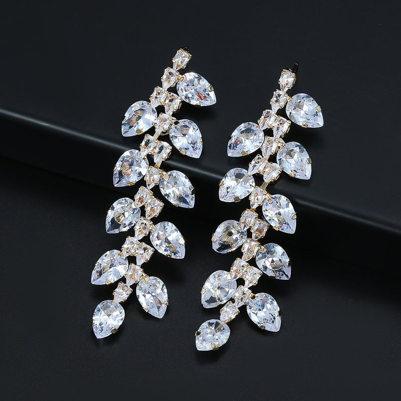 Copper inlaid zircon earrings long floral earrings exaggerated claw chain bridal earrings - SHINNE