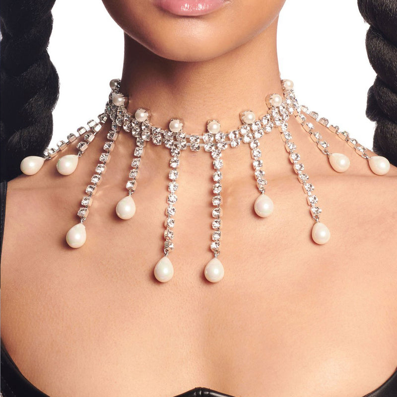 Exaggerated multi-layered tassel necklace, luxury cold style diamond-filled pearl clavicle chain - SHINNE