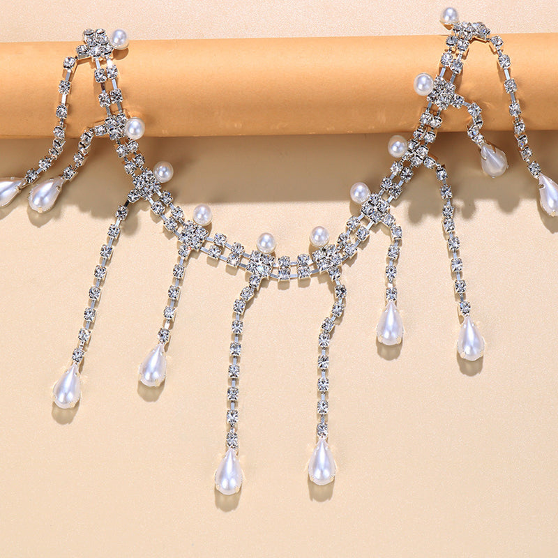 Exaggerated multi-layered tassel necklace, luxury cold style diamond-filled pearl clavicle chain - SHINNE