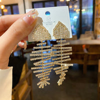 Fish Bone studded diamond full diamond tassel pearl earrings - SHINNE