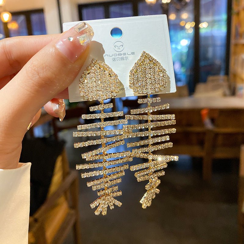 Fish Bone studded diamond full diamond tassel pearl earrings - SHINNE