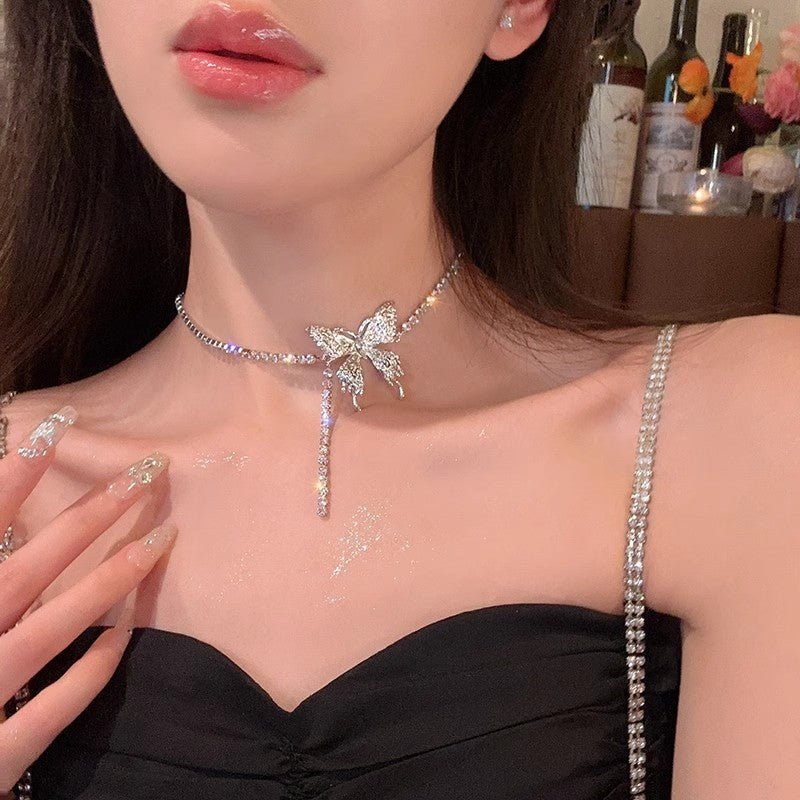 Flash Diamond Butterfly Necklace Women's Light Luxury Niche Design New Hot Style Trendy High - end Clavicle Chain Necklace - SHINNE