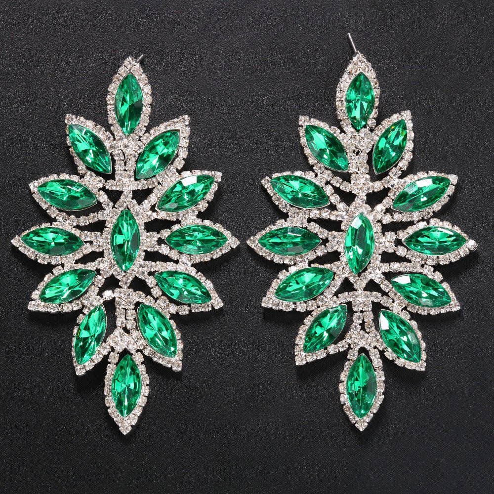 Hot selling rhinestone fashion luxury leaf emerald exaggerated earrings - SHINNE
