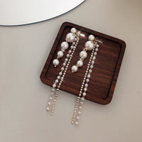 S925 silver needle Korean celebrity style pearl tassel long simple earrings for women - SHINNE